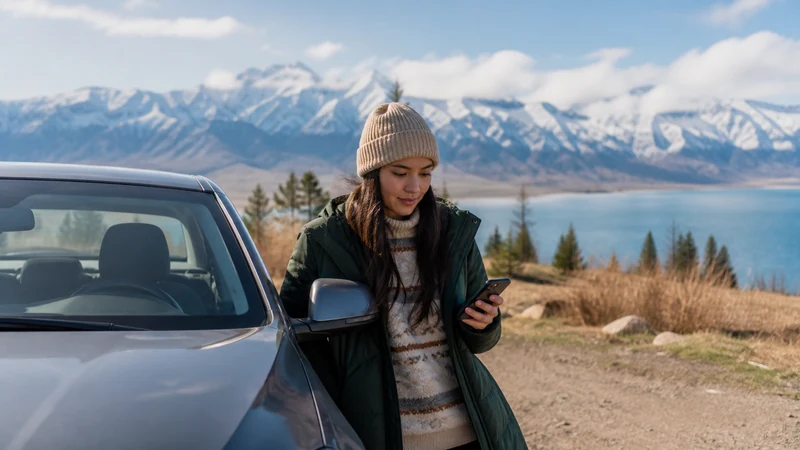 Traveller using a smartphone in Kyrgyzstan for kyrgyzstan esim for rental car