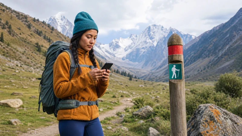 Traveller using a smartphone in Kyrgyzstan for kyrgyzstan esim for trekking