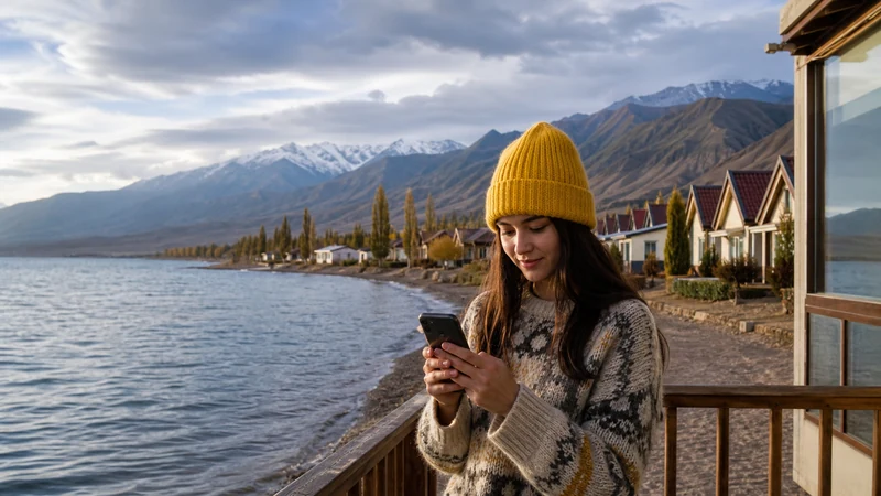 Traveller using a smartphone in Kyrgyzstan for kyrgyzstan esim hotspot