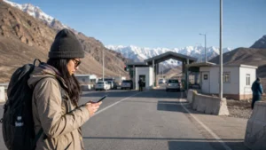 Traveller using a smartphone in Kyrgyzstan for kyrgyzstan kazakhstan border internet