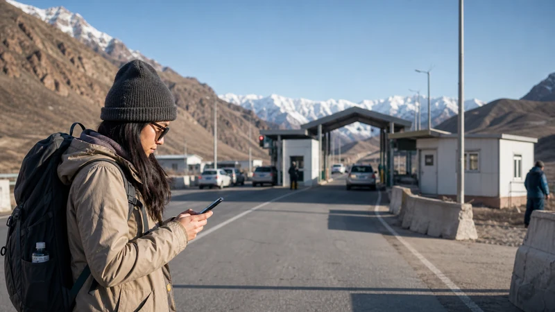 Traveller using a smartphone in Kyrgyzstan for kyrgyzstan kazakhstan border internet