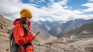 Traveller using a smartphone in Kyrgyzstan for kyrgyzstan mountain mobile internet