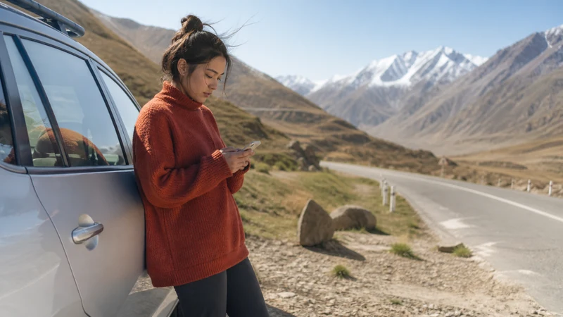 Traveller using a smartphone in Kyrgyzstan for kyrgyzstan offline maps road trip