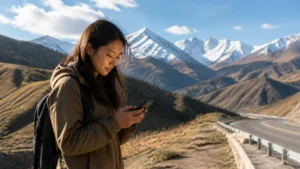 Traveller using a smartphone in Kyrgyzstan for kyrgyzstan road trip mobile internet