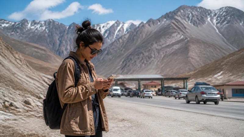 Traveller using a smartphone in Kyrgyzstan for kyrgyzstan uzbekistan border internet