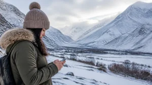 Traveller using a smartphone in Kyrgyzstan for kyrgyzstan winter mobile internet