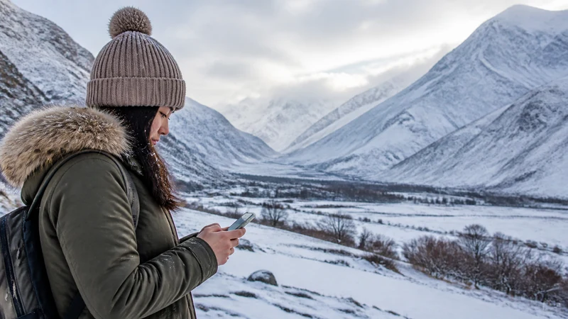 Traveller using a smartphone in Kyrgyzstan for kyrgyzstan winter mobile internet