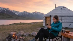 Traveller using a smartphone in Kyrgyzstan for kyrgyzstan yurt camp internet