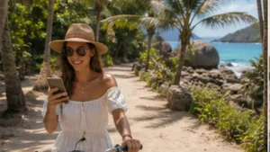 Traveller using a smartphone on La Digue, Seychelles