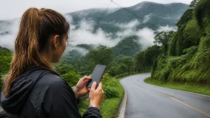 Traveller using a smartphone in Costa Rica for what to expect online between la fortuna and monteverde