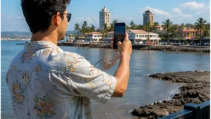 Traveller using a smartphone in El Salvador while researching mobile internet in la libertad, el salvador