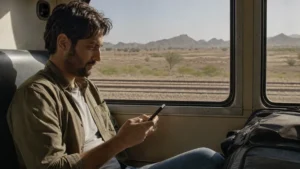 Traveller using a smartphone on a Lahore to Karachi train