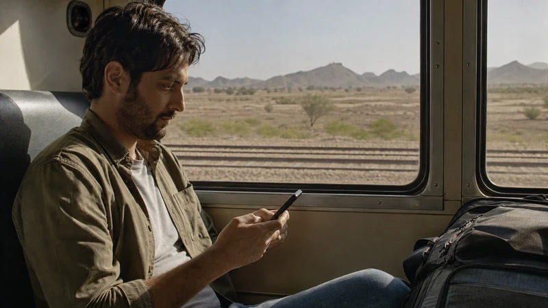 Traveller using a smartphone on a Lahore to Karachi train