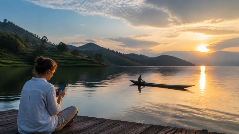 Traveller using a smartphone on a dock at Lake Kivu