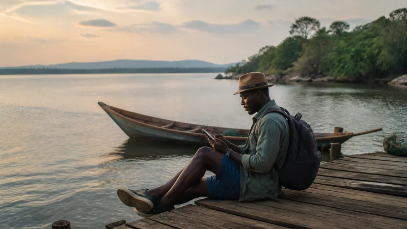 Traveller using a smartphone on a jetty beside Lake Volta