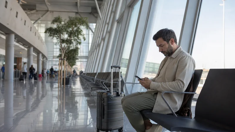 Traveller checking a smartphone inside Larnaca Airport