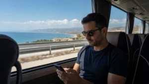 Traveller using a smartphone during larnaca to limassol mobile internet guide