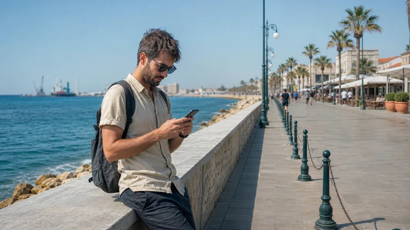 Traveller checking a smartphone beside Larnaca seafront