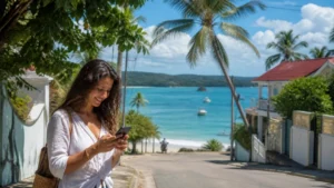 Traveller using a smartphone in the Dominican Republic for las terrenas mobile internet