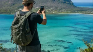 Traveller using a smartphone in Mauritius while researching mobile internet in le morne