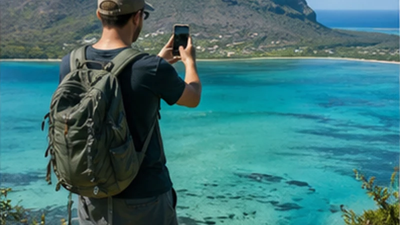 Traveller using a smartphone in Mauritius while researching mobile internet in le morne