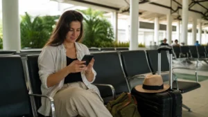 Traveller using a smartphone in Costa Rica for setting up your esim after landing at liberia airport