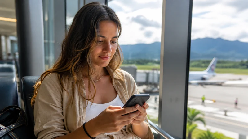 Traveller using a smartphone in Costa Rica for how to stay online during a liberia airport connection