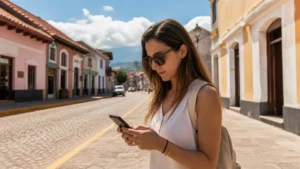 Traveller using a smartphone in Costa Rica for a visitor’s guide to mobile internet in liberia