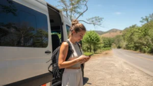 Traveller using a smartphone in Costa Rica for mobile data on the journey from liberia to tamarindo