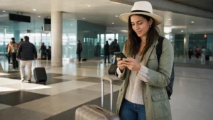 Traveller using a smartphone in Peru for lima airport esim setup