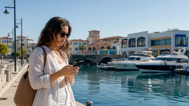 Traveller checking a smartphone beside Limassol marina