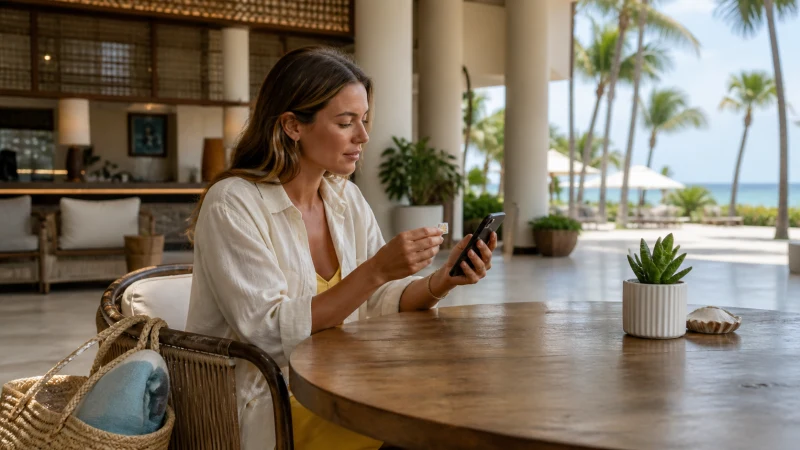 Traveller comparing a physical SIM and eSIM at an Aruba resort