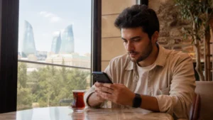 Traveller comparing local SIM and eSIM options in Baku