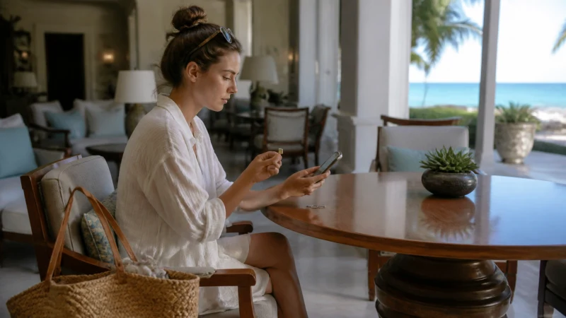 Traveller comparing a physical SIM and eSIM at a Bahamas resort