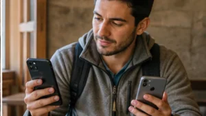 Traveller using a smartphone in Bolivia while researching local sim vs esim in bolivia: which should you choose?