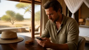 Traveller setting up a phone at a Botswana guesthouse.