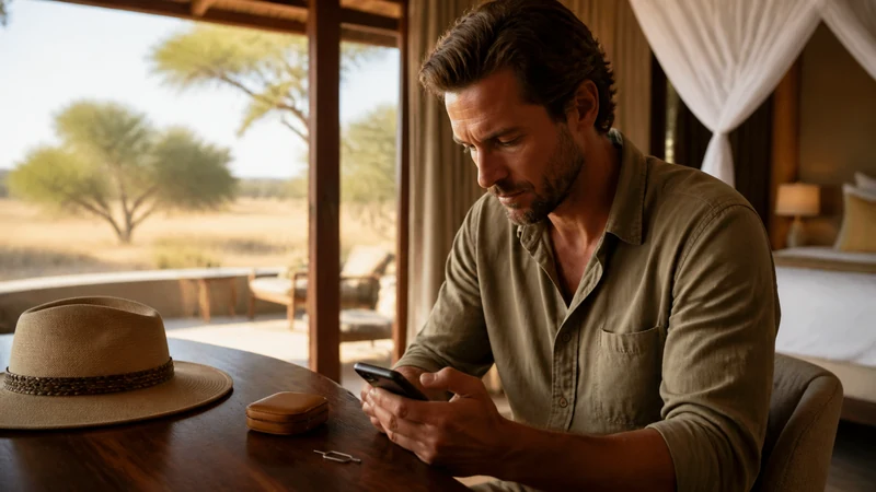 Traveller setting up a phone at a Botswana guesthouse.