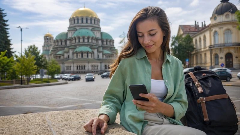 Traveller comparing a physical SIM with phone connectivity in Sofia
