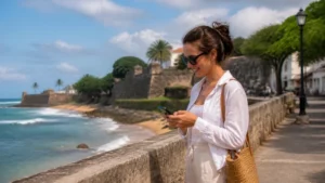 Traveller using a smartphone in the Dominican Republic for local sim vs esim dominican republic