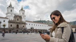 Traveller using a smartphone in Ecuador for local sim vs esim ecuador