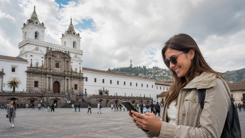 Traveller using a smartphone in Ecuador for local sim vs esim ecuador