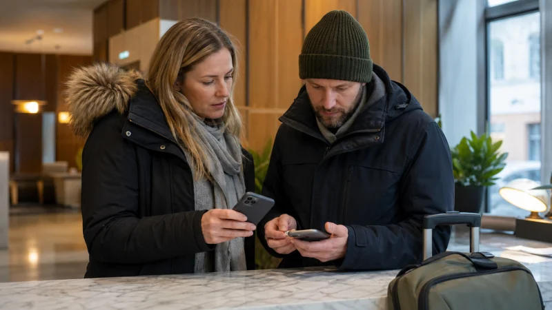 Travellers comparing a physical SIM with an eSIM in a Helsinki hotel