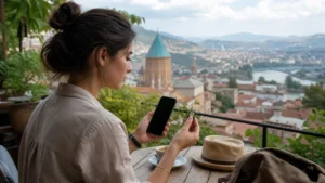 Traveller comparing a SIM tray and smartphone at a Tbilisi café