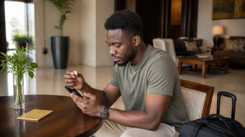 Traveller comparing a physical SIM and eSIM in an Accra hotel