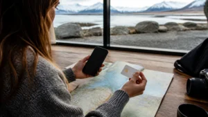 Traveller using a smartphone in Iceland