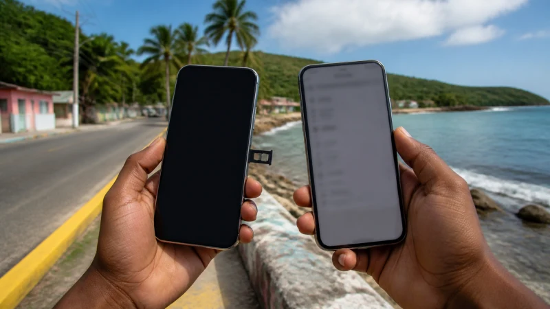 Traveller using a smartphone in Jamaica while comparing a local SIM with an eSIM in Jamaica
