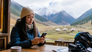 Traveller using a smartphone in Kyrgyzstan for local sim vs esim kyrgyzstan
