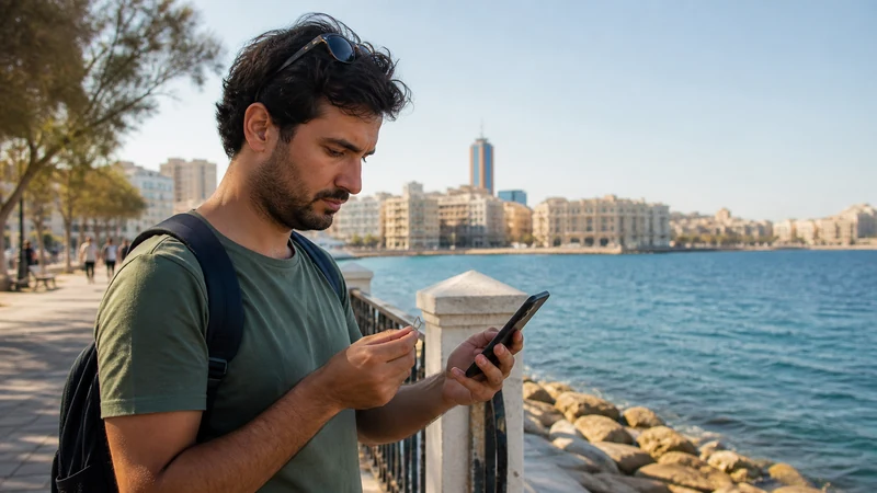 Traveller using a smartphone in Malta while comparing a local SIM with an eSIM