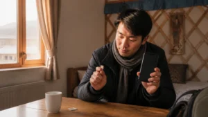 Traveller using a smartphone in Mongolia for local sim vs esim mongolia