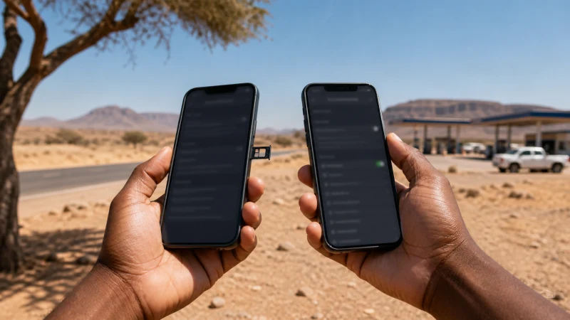 Traveller using a smartphone in Namibia while comparing a local SIM with an eSIM in Namibia